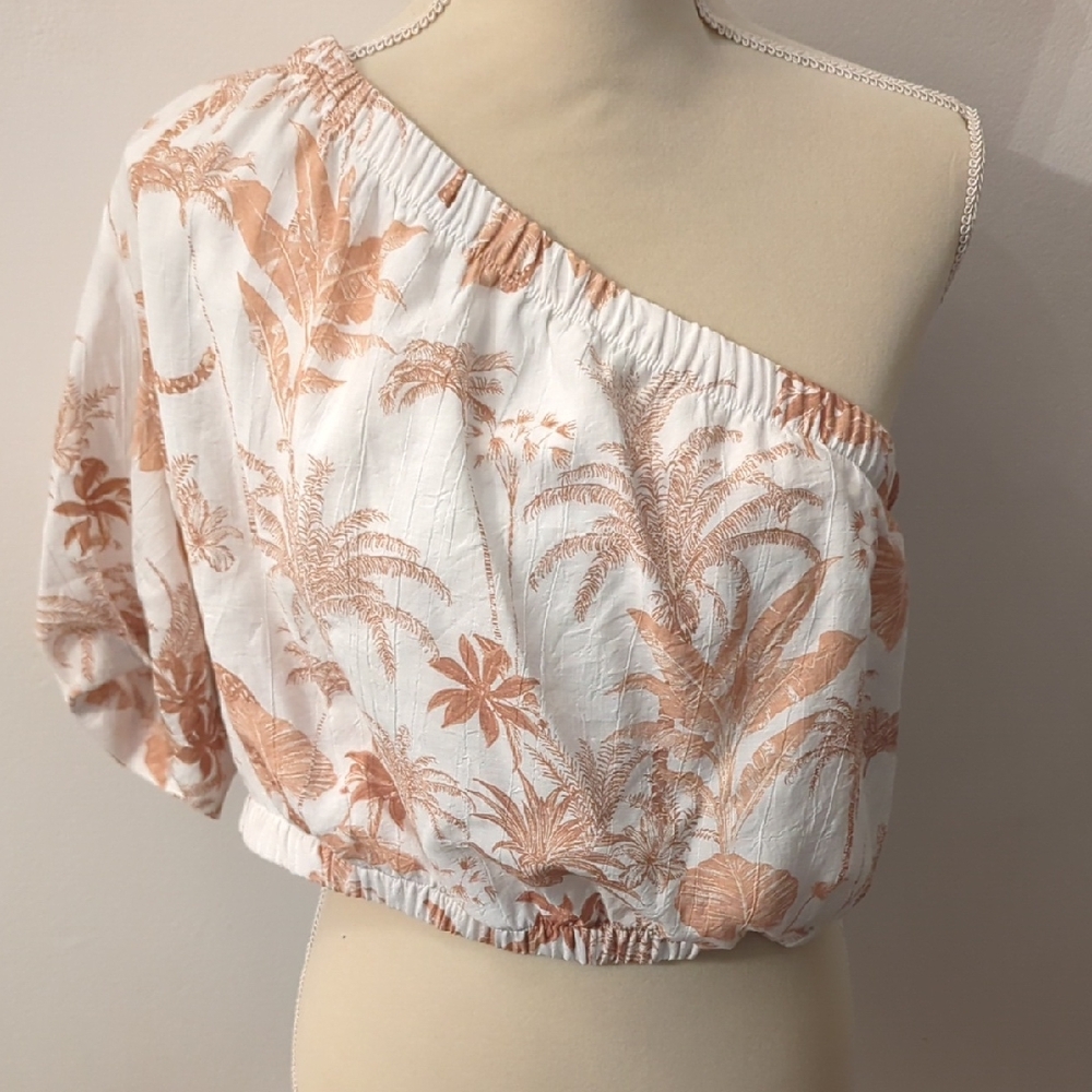Anne Klein One-Shoulder Tropical Blouse - White and Tan